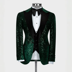 Dark Green Sequins Peaked Lapel Three Piece Prom Suit