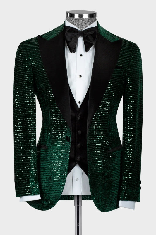 Dark Green Sequins Peaked Lapel Three Piece Prom Suit