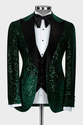Dark Green Sequins Peaked Lapel Three Piece Prom Suit
