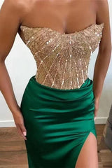 Dark Green Strapless Prom Dress Sequined Mermaid Sleeveless Formal Dress With Slit