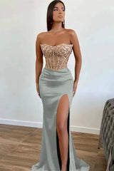 Dark Green Strapless Prom Dress Sequined Mermaid Sleeveless Formal Dress With Slit