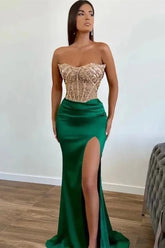 Dark Green Strapless Prom Dress Sequined Mermaid Sleeveless Formal Dress With Slit