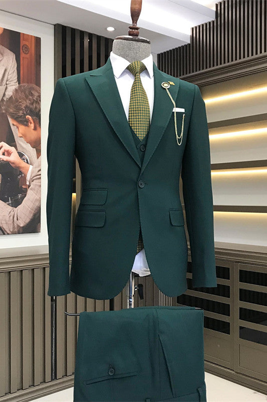 Dark Green Three Piece Peaked Lapel Business Suit