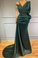 Dark Green V Neck Long Sleeve Evening Dress with Beading and Lace Appliques