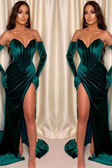Dark Green Velvet Formal Dress Front Split V Neck Sleeveless Mermaid Evening Dress