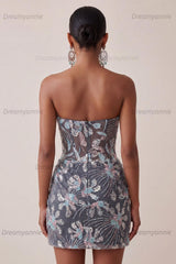 Dark Grey Floral Sparkly Draped Corset Strapless Tight Short Homecoming Dress