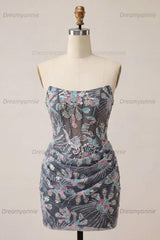 Dark Grey Floral Sparkly Draped Corset Strapless Tight Short Homecoming Dress