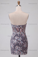 Dark Grey Floral Sparkly Draped Corset Strapless Tight Short Homecoming Dress