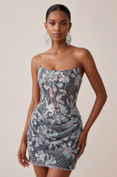 Dark Grey Floral Sparkly Draped Corset Strapless Tight Short Homecoming Dress