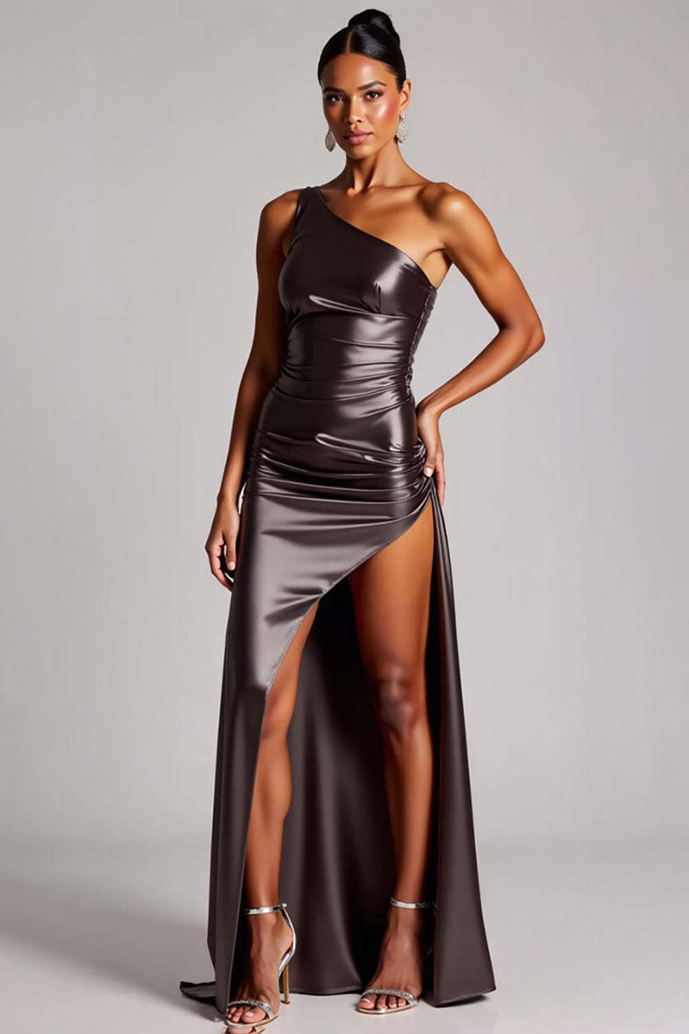 Dark Grey Formal Dress One Shoulder Long Satin Wedding Guest Dress With Slit