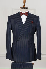 Dark Navy Peaked Lapel Striped Business Suit
