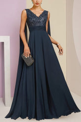 Dark Navy Prom Dress A Line V Neck Sequined Sleeveless Chiffon Formal Dress With Appliques