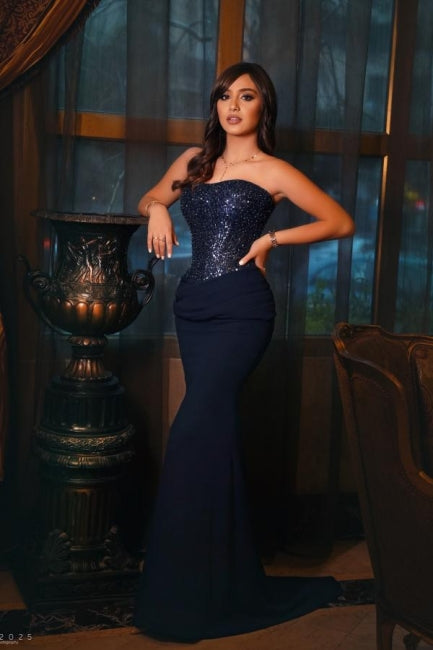 Dark Navy Prom Dress Mermaid Strapless Sleeveless Sequined Sweep Train Satin Formal Dress