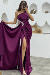 Dark Purple Sequin Split Mermaid One Shoulder Evening Dress with Long Ruffles