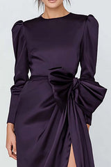 Dark Purple Sheath Ruched Crew Neck Long Sleeves Prom Dress With Slit