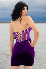 Dark Purple Tight Velvet Cocktail Dress Short Corset Christmas Party Dress With Beading