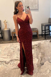 Dark Red Prom Dress Sequined Long Evening Dress with Slit
