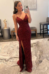 Dark Red Prom Dress Sequined Long Evening Dress with Slit