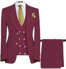 Dark Red Three Piece Peaked Lapel Prom Suit