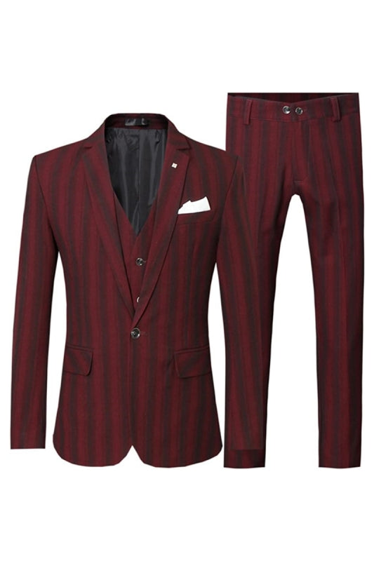 Dark Red Three Piece Striped Notched Lapel Business Suit