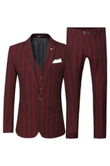 Dark Red Three Piece Striped Notched Lapel Business Suit