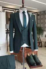 Dark Turquoise Peaked Lapel Close Fitting 3 Piece Men's Prom Suit