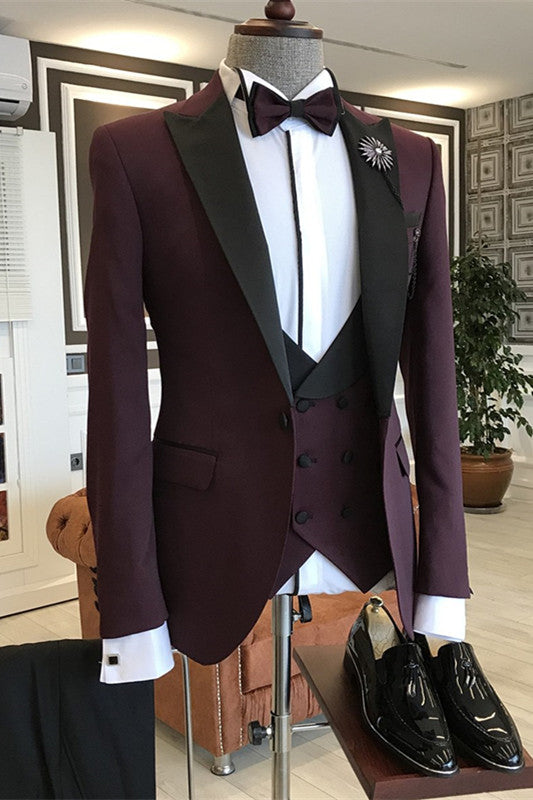 Dark Wine 3 Piece Glamorous Business Suit with Black Peaked Lapel