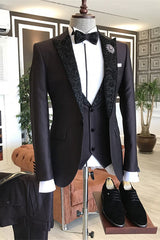 Dark Wine Three Piece Prom Suit with Black Jacquard Peaked Lapel