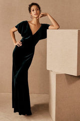 Dark Green Velvet Dress V Neck Sheath/Column Formal Evening Dress