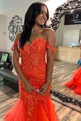Deep Orange Prom Dress Floral Mermaid Off The Shoulder Long Evening Dress