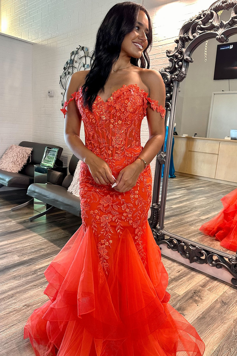 Deep Orange Prom Dress Floral Mermaid Off The Shoulder Long Evening Dress