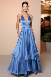 Deep V-Neck Floor Length Blue Wedding Guest Dress A Line Satin Formal Dress