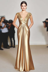 Deep V-Neck Gold Ruched Long Gala Dress
