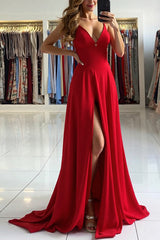 Deep V-Neck Red Prom Dress A Line Long Formal Dress With Slit