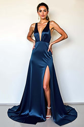 Deep V-Neck Satin Navy Wedding Guest Dress Long Formal Dress With Slit