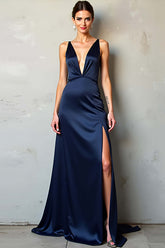 Deep V-Neck Satin Navy Wedding Guest Dress Long Formal Dress With Slit