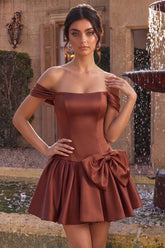 Desert Rose A-Line Satin Short Homecoming Dress with Bow