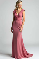 Desert Rose Mermaid V-Neck Long Ruched Formal Dress