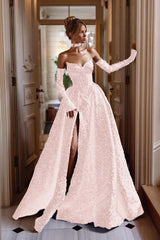 Detachable Train Prom Dress Long Sleeve Sweetheart Sequined Formal Dress