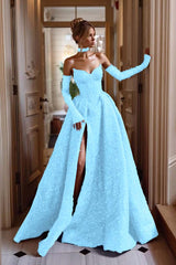 Detachable Train Prom Dress Long Sleeve Sweetheart Sequined Formal Dress