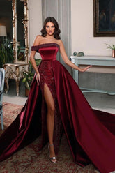 Detachable Train Prom Dress One Shoulder Beaded Formal Dress