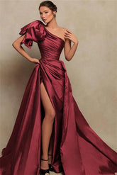 Detachable Train Prom Dress Sleeveless One Shoulder Satin Formal Dress