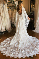 Dramatic Ivory Long Sleeve Cape Lace Mermaid Beach Wedding Dress with Appliques