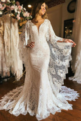 Dramatic Ivory Long Sleeve Cape Lace Mermaid Beach Wedding Dress with Appliques