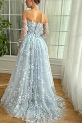 Dreamyannie 3D Flowers Pink Prom Dress Off The Shoulder Formal Dress With Panel Train