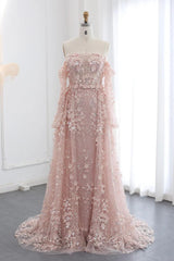 Dreamyannie 3D Flowers Pink Prom Dress Off The Shoulder Formal Dress With Panel Train