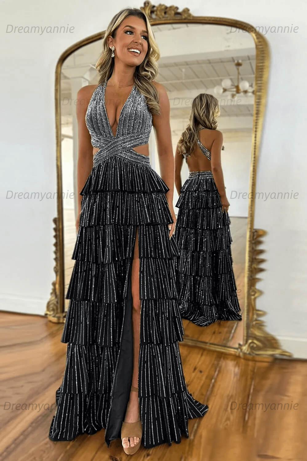 Dreamyannie Halter Grey Prom Dress Tiered A-Line Long Formal Dress With Slit