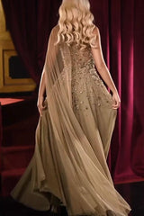 Dreamyannie A Line High Neck One Shoulder Cap Sleeve Beaded Floor Length Tulle Formal Dress
