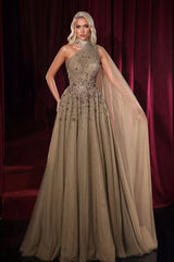 Dreamyannie A Line High Neck One Shoulder Cap Sleeve Beaded Floor Length Tulle Formal Dress