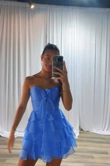 Dreamyannie A Line Homecoming Dresses Blue Tulle Sweetheart Tiered Cocktail Dresses